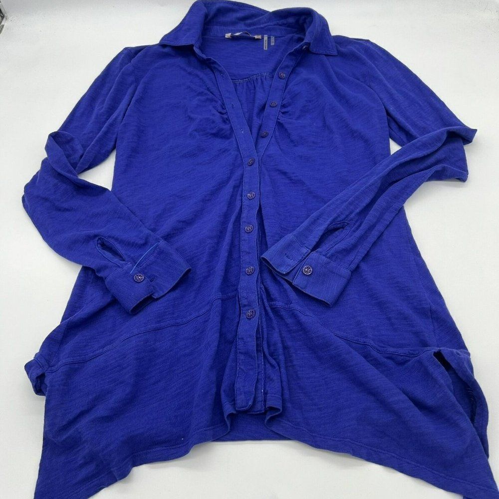 Soft Surroundings Blue 100% Cotton Button Up Tunic Top XS Shark Bite Hem